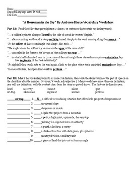 A Horseman in the Sky by Ambrose Bierce Vocabulary Worksheet and KEY