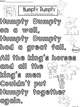 A+ Humpty Dumpty Handwriting Practice by Regina Davis | TpT