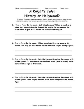 Preview of A Knight's Tale: History or Hollywood Movie Activity