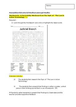 Preview of A Legal Studies Wordsearch:- "The Law in Action Terminology and a support task"