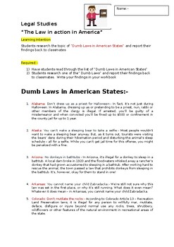 Preview of A Legal Studies activity on Dumb Laws in American states and an extension task