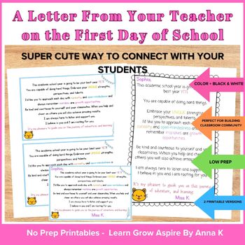Preview of A Letter From Your Teacher on the First Day of School, Welcome Letter To Student