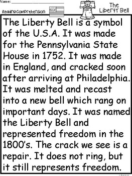 A+ Liberty Bell Comprehension For Guided Reading...American Symbols