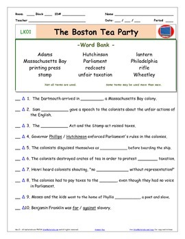 Preview of A Liberty's Kids * LK01 -“Boston Tea Party” Worksheet, Ans Sheet, Four Quizzes