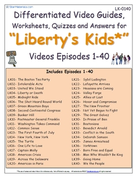 Preview of A Liberty's Kids * Episode 01-40 - Worksheet, Ans Sheet, Four Quizzes-LK0140