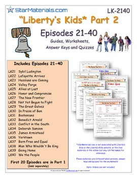 Preview of A Liberty's Kids * Episode 21-40 - Worksheet, Ans Sheet, Four Quizzes-LK2140