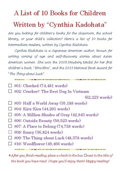 Preview of A List of 10 Books for Children Written by “Cynthia Kadohata” w/Word Count