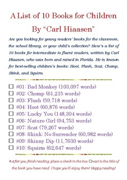 Preview of A List of 10 Books for Young Readers By “Carl Hiaasen” w/Word Count