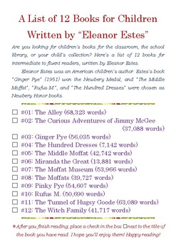 Preview of A List of 12 Books for Children Written by “Eleanor Estes” w/Word Count