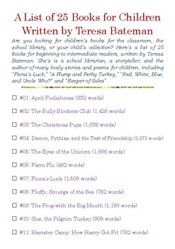 Preview of A List of 25 Books for Children Written by Teresa Bateman w/Word Count