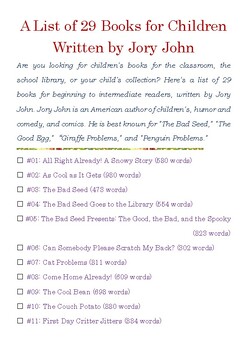 Preview of A List of 29 Books for Children Written by Jory John w/Word Count