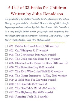 Preview of A List of 33 Books for Children Written by Julia Donaldson w/Word Count