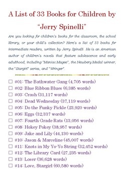 Preview of A List of 33 Books for Children by “Jerry Spinelli” w/Word Count