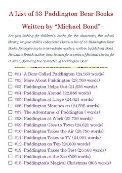 Preview of A List of 33 Paddington Bear Books Written by “Michael Bond” w/Word Count
