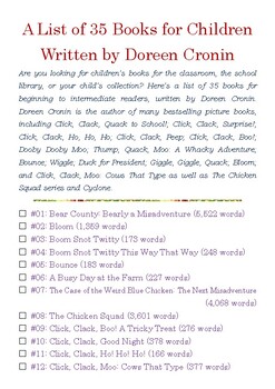 Preview of A List of 35 Books for Children Written by Doreen Cronin w/Word Count
