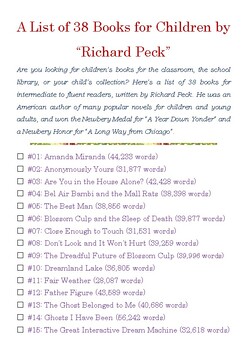 Preview of A List of 38 Books for Children by “Richard Peck” w/Word Count