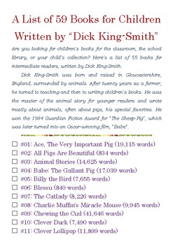 Preview of A List of 59 Books for Children Written by “Dick King-Smith” w/Word Count