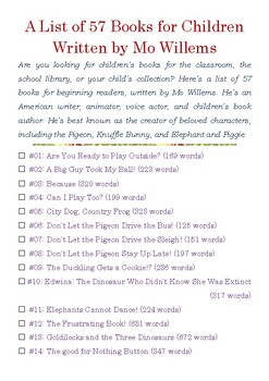 Preview of A List of 57 Books for Children Written by Mo Willems w/Word Count