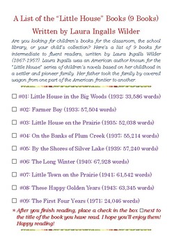 Preview of A List of the “Little House” Books written by Laura Ingalls Wilder w/Word Count