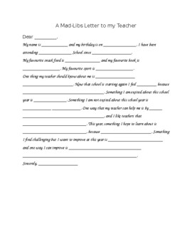 Preview of A "Mad Libs" Letter to My Teacher (First Day of School ELA Activity)