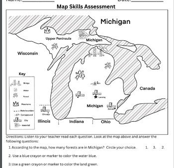 Preview of A Map Skill Assessment/Resource for Lower Elementary, GSRP, K-2 Michigan State