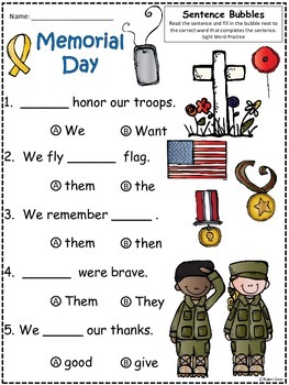 A+ Memorial Day FREEBIE: Fill In the Blank.Multiple Choice Sight Word ...