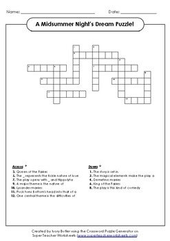 A Midsummer Night s Dream Crossword Puzzle Quiz by Ivory Butler