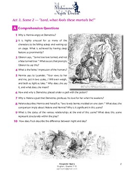 Preview of A Midsummer Night's Dream (Shakespeare) - Act 3, Scene 2 - ACTIVITIES + ANSWERS