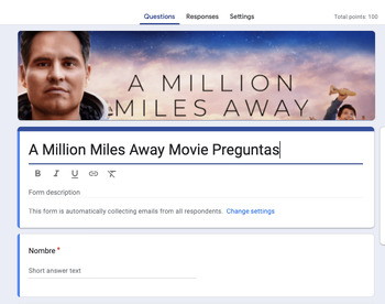 Preview of A Million Miles Away Movie Questions (Google Form)