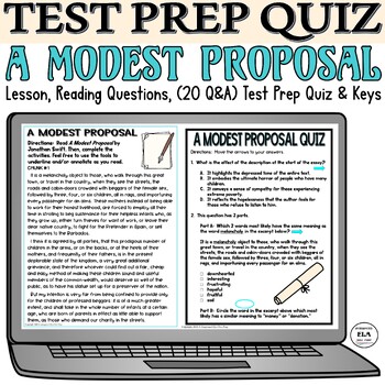 Preview of A Modest Proposal Quiz Lesson Plan Jonathan Swift ELA Satire PDF and Digital