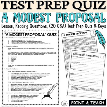 Preview of A Modest Proposal Quiz Lesson Plan Jonathan Swift Teach Satire Reading Test Prep