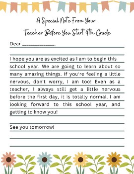 A Note From Your Teacher For Your First Day of 4th Grade- Welcome Letter