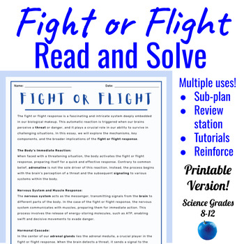 Preview of A&P Fight or Flight Cloze Reading Comprehension Questions + Puzzles || Sub Plan