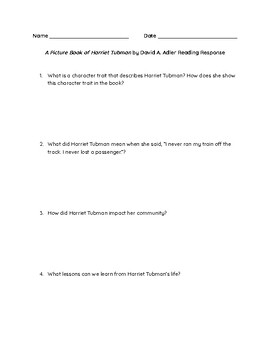 Preview of A Picture Book of Harriet Tubman by David A. Adler Reading Response Sheet