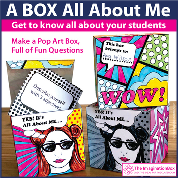 Preview of A Pop Art Box All About Me, Back to School Art Activity and Questions Task Cards