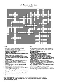 A Raisin in the Sun Act 3 Vocabulary Crossword Puzzle by M Walsh