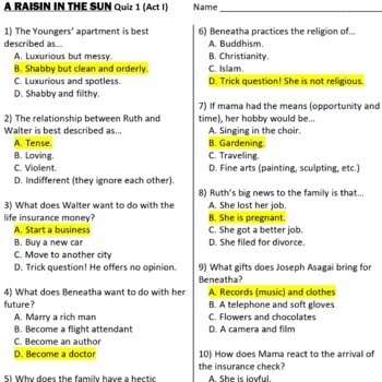 Preview of A Raisin in the Sun Quizzes (3 multiple choice reading checks)