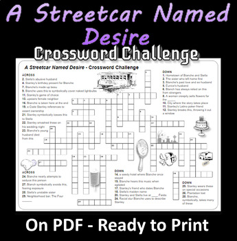 A STREETCAR NAMED DESIRE Crossword Puzzle Quiz Review Test Worksheet