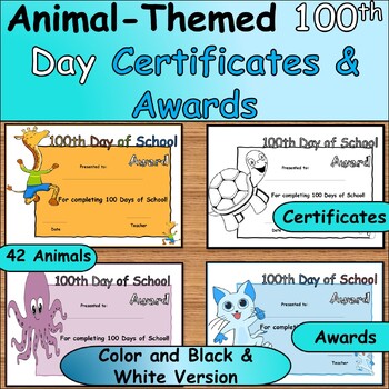 Preview of A Safari of Success: Animal-Themed 100th Day Achievement Certificates and Awards