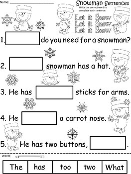 A+ Snowman Sentences: Fill In The Blank by Regina Davis | TpT