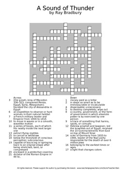 A Sound of Thunder R Bradbury Guided Reading Worksheet Crossword