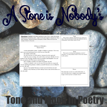 Preview of A Stone is Nobody's Theme, Identifying Tone and Mood ONE PAGER