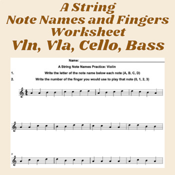 Preview of A String Note Names and Fingers Worksheets (Violin, Viola, Cello, Bass)