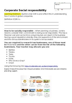 Preview of A Structured Worksheet on Corporate Social Responsibility (includes Mcdonalds)