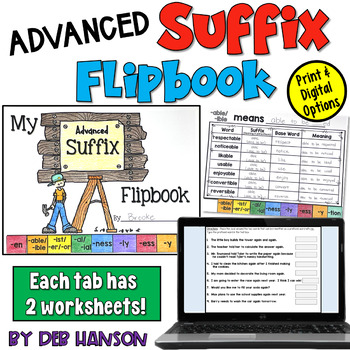 Preview of Advanced Suffixes Flipbook with Worksheets: Print and Google Slides Versions