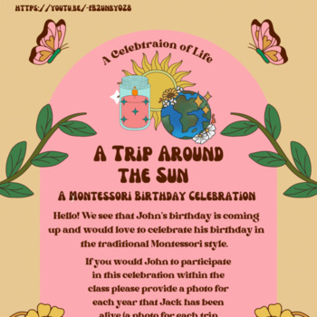 Preview of A Trip Around the Sun Birthday Celebration Letter to Parent (Link to Edit ) 