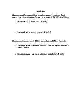 Preview of A Trip to the Museum - Money, Rates and Percentage Word Problem