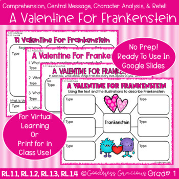 Preview of A Valentine For Frankenstein- Retell, Central Message, Senses/Feelings, & Comp