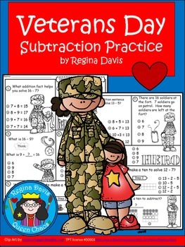 A+  Free...Veterans Day: Subtraction Practice