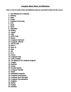 Preview of A Vocabulary List for Computer Science.